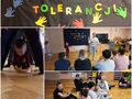 Kolaż zdjęć: Rodzice z dziećmi ćwiczą na podłodze, napis Dzień Tolerancji