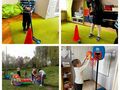 kolaż zabawy sportowe dzieci hokej koszykówka tor przeszkód