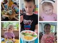 kolaż zdjęć dziewczynka przebrana za pielęgniarkę dzieci prezentują prace plastyczne ze zdrowymi przekąskami