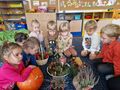 Dzieci siedzą w kręgu i oglądają dary jesieni