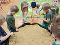 dzieci za pomocą pędzli szukają figurek dinozaurów w ryżu wysypanym do misy